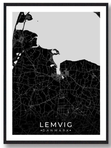 Lemvig bykort i stilrent plakat design. Denne Lemvig byplakat er med sort baggrund og viser Lemvig kortet fra sin smukkeste side