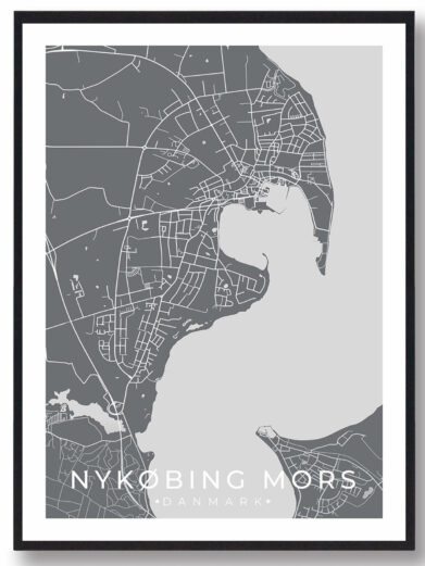 Nykøbing Mors bykort i stilrent plakat design. Denne Nykøbing Mors byplakat er med grå baggrund og viser Nykøbing Mors kortet fra sin smukkeste side