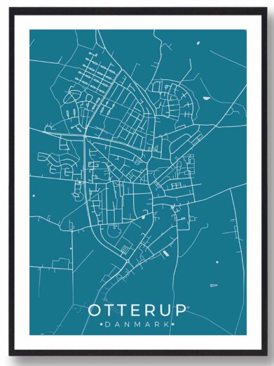 Otterup bykort i stilrent plakat design. Denne Otterup byplakat er med blå baggrund og viser Otterup kortet fra sin smukkeste side