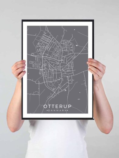 Otterup bykort i stilrent plakat design. Denne Otterup byplakat er med grå baggrund og viser Otterup kortet fra sin smukkeste side