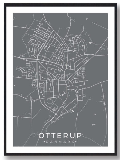 Otterup bykort i stilrent plakat design. Denne Otterup byplakat er med grå baggrund og viser Otterup kortet fra sin smukkeste side