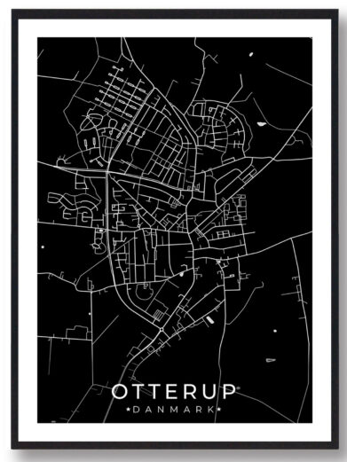 Otterup bykort i stilrent plakat design. Denne Otterup byplakat er med sort baggrund og viser Otterup kortet fra sin smukkeste side