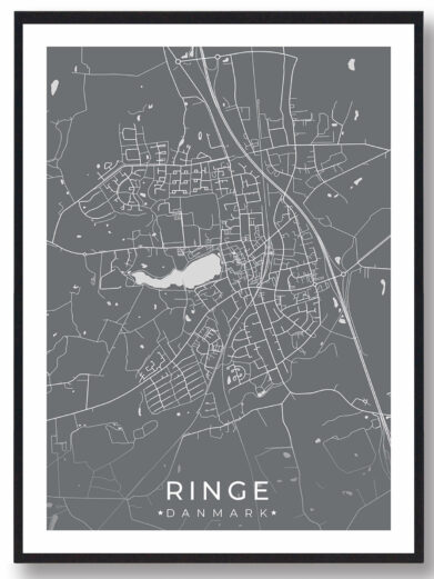Ringe bykort i stilrent plakat design. Denne Ringe byplakat er med grå baggrund og viser Ringe kortet fra sin smukkeste side