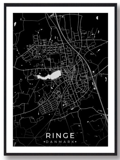 Ringe bykort i stilrent plakat design. Denne Ringe byplakat er med sort baggrund og viser Ringe kortet fra sin smukkeste side