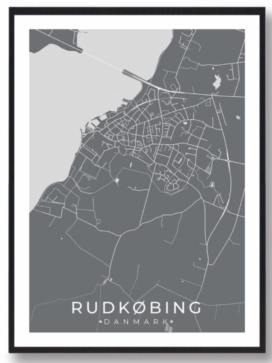 Rudkøbing bykort i stilrent plakat design. Denne Rudkøbing byplakat er med grå baggrund og viser Rudkøbing kortet fra sin smukkeste side