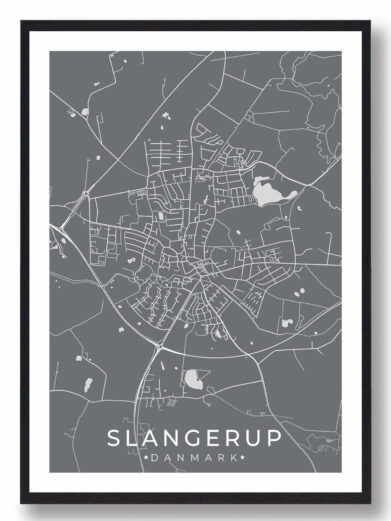 Slangerup bykort i stilrent plakat design. Denne Slangerup byplakat er med grå baggrund og viser Slangerup kortet fra sin smukkeste side