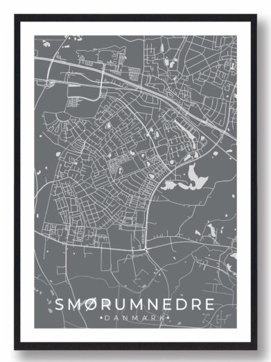 Smørumnedre bykort i stilrent plakat design. Denne Smørumnedre byplakat er med grå baggrund og viser Smørumnedre kortet fra sin smukkeste side