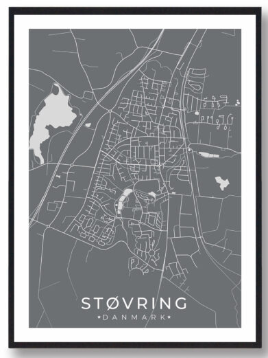 Støvring bykort i stilrent plakat design. Denne Støvring byplakat er med grå baggrund og viser Støvring kortet fra sin smukkeste side