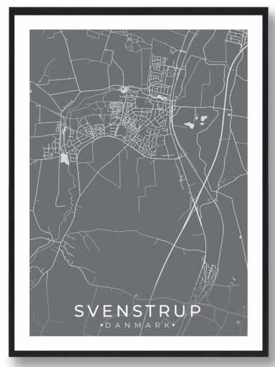 Svenstrup bykort i stilrent plakat design. Denne Svenstrup byplakat er med grå baggrund og viser Svenstrup kortet fra sin smukkeste side