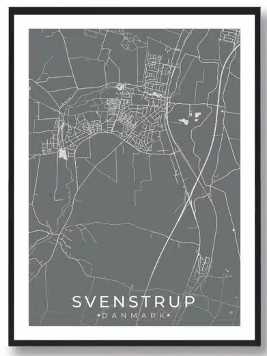 Svenstrup bykort i stilrent plakat design. Denne Svenstrup byplakat er med grå baggrund og viser Svenstrup kortet fra sin smukkeste side