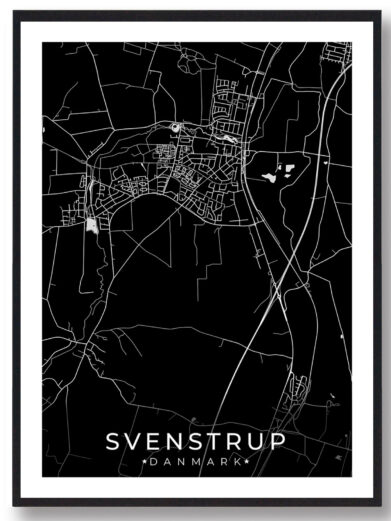 Svenstrup bykort i stilrent plakat design. Denne Svenstrup byplakat er med sort baggrund og viser Svenstrup kortet fra sin smukkeste side