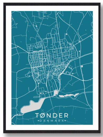 Tønder bykort i stilrent plakat design. Denne Tønder byplakat er med blå baggrund og viser Tønder kortet fra sin smukkeste side