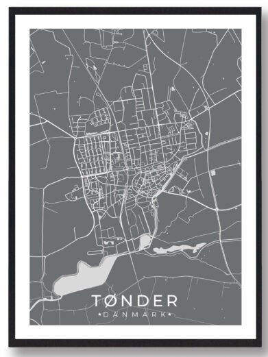 Tønder bykort i stilrent plakat design. Denne Tønder byplakat er med grå baggrund og viser Tønder kortet fra sin smukkeste side