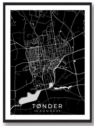 Tønder bykort i stilrent plakat design. Denne Tønder byplakat er med sort baggrund og viser Tønder kortet fra sin smukkeste side