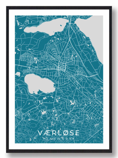 Værløse bykort i stilrent plakat design. Denne Værløse byplakat er med blå baggrund og viser Værløse kortet fra sin smukkeste side