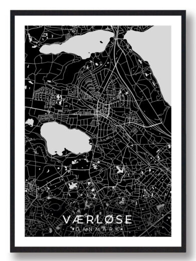 Værløse bykort i stilrent plakat design. Denne Værløse byplakat er med sort baggrund og viser Værløse kortet fra sin smukkeste side