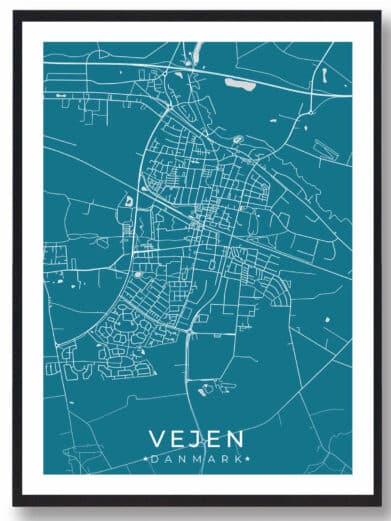 Vejen bykort i stilrent plakat design. Denne Vejen byplakat er med blå baggrund og viser Vejen kortet fra sin smukkeste side