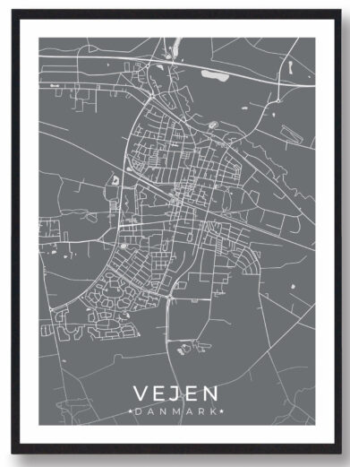 Vejen bykort i stilrent plakat design. Denne Vejen byplakat er med grå baggrund og viser Vejen kortet fra sin smukkeste side