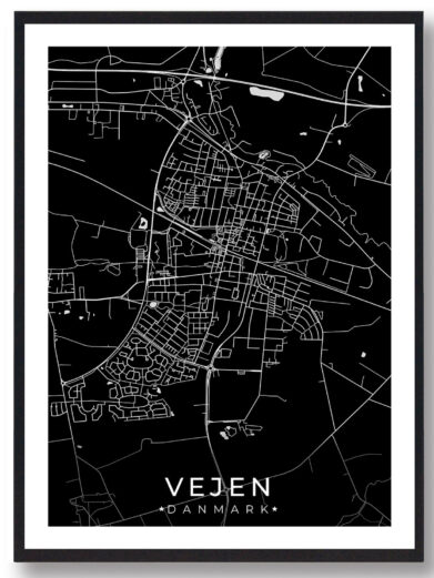 Vejen bykort i stilrent plakat design. Denne Vejen byplakat er med sort baggrund og viser Vejen kortet fra sin smukkeste side