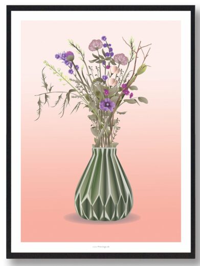 Blomster i vase plakat: Illustration of purple and white flowers in a green vase against a peach background.