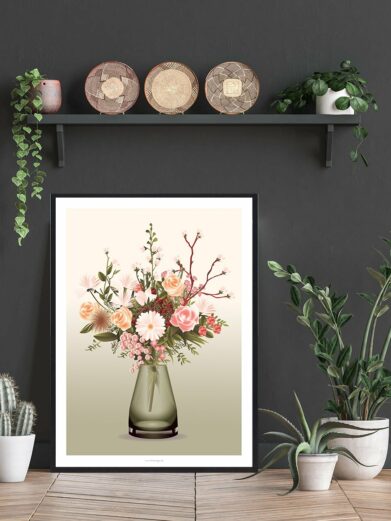 "Blomster i vase" poster: A vibrant floral arrangement in a glass vase, featuring roses, daisies, and delicate sprigs. A beautiful nature-inspired print.