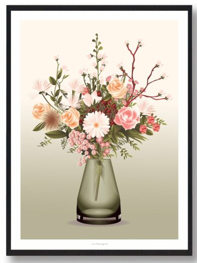 "Blomster i vase" plakat: Illustration of a vase filled with various pink, peach, and white flowers and green foliage.