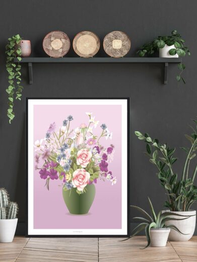 Blomster i vase - plakat: A vibrant floral arrangement in a green vase, featuring roses, lilacs, and other delicate blooms.
