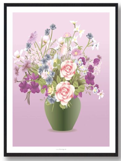 Blomster i vase plakat: A framed floral art print featuring soft pink roses and assorted wildflowers in a green vase against a pink background.