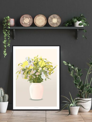 Blomster i vase plakat: A vibrant art print featuring a bouquet of yellow, white, and pink flowers in a pink vase.
