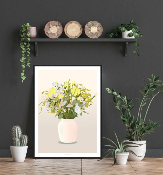 Blomster i vase plakat: A vibrant art print featuring a bouquet of yellow, white, and pink flowers in a pink vase.