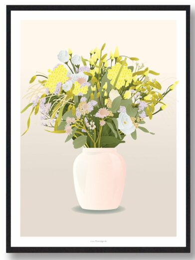 "Blomster i vase" plakat: A vase filled with a vibrant mix of yellow, white, and lavender flowers, a stylish nature print.
