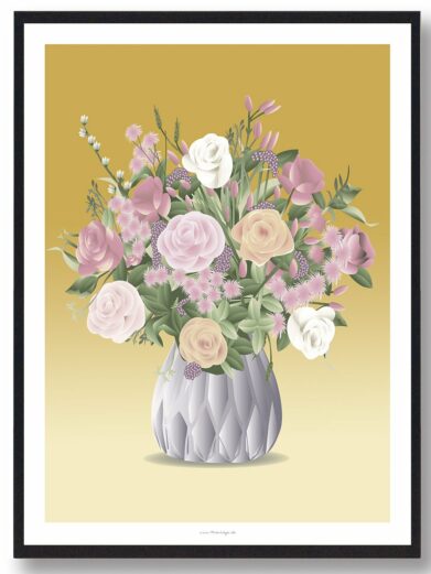 "Blomster i vase" plakat: A vase of roses, pink flowers, and greenery against a yellow backdrop, framed in black.