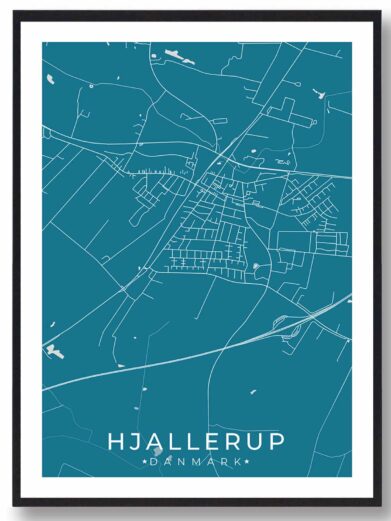 Hjallerup bykort i stilrent plakat design. Denne Hjallerup byplakat er med blå baggrund og viser Hjallerup kortet fra sin smukkeste side