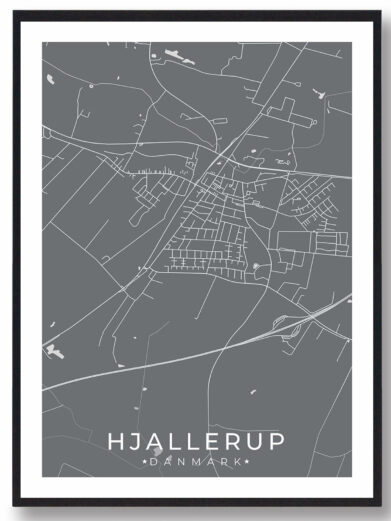 Hjallerup bykort i stilrent plakat design. Denne Hjallerup byplakat er med grå baggrund og viser Hjallerup kortet fra sin smukkeste side
