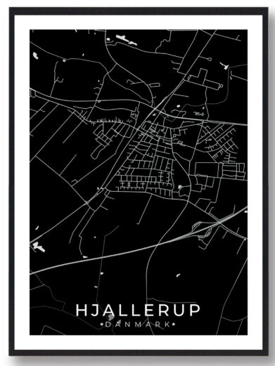 Hjallerup bykort i stilrent plakat design. Denne Hjallerup byplakat er med sort baggrund og viser Hjallerup kortet fra sin smukkeste side