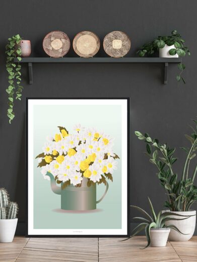 "Blomster i vase" plakat: Illustration af hvide og gule blomster i en tekande. Naturplakat i rolige farver.