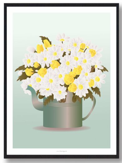 Blomster i vase plakat: A charming illustration of white daisies and yellow roses in a metal watering can.