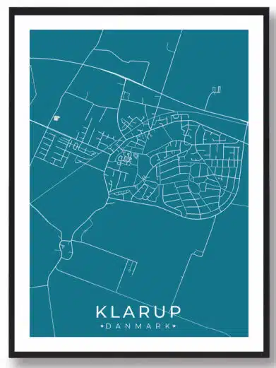 Klarup bykort i stilrent plakat design. Denne Klarup byplakat er med blå baggrund og viser Klarup kortet fra sin smukkeste side