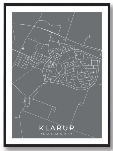 Klarup bykort i stilrent plakat design. Denne Klarup byplakat er med grå baggrund og viser Klarup kortet fra sin smukkeste side