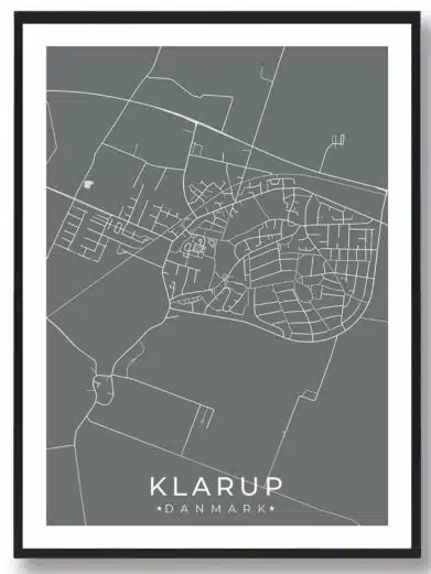 Klarup bykort i stilrent plakat design. Denne Klarup byplakat er med grå baggrund og viser Klarup kortet fra sin smukkeste side