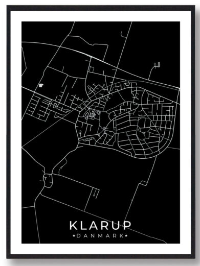 Klarup bykort i stilrent plakat design. Denne Klarup byplakat er med sort baggrund og viser Klarup kortet fra sin smukkeste side