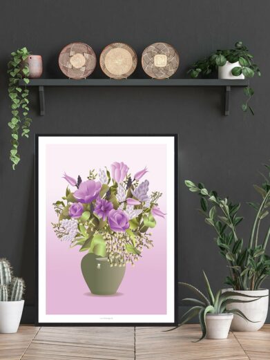 "Blomster i vase" poster: A vibrant bouquet of purple and white flowers in a green vase, set against a soft pink background.