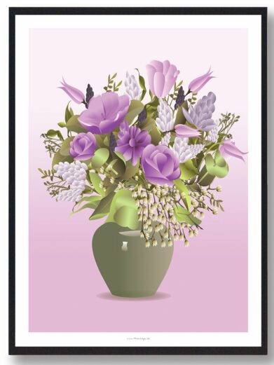 "Blomster i vase" poster: A vibrant bouquet of purple and white flowers in a green vase, set against a soft pink background.