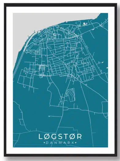 Løgstør bykort i stilrent plakat design. Denne Løgstør byplakat er med blå baggrund og viser Løgstør kortet fra sin smukkeste side