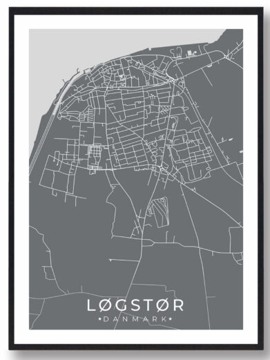 Løgstør bykort i stilrent plakat design. Denne Løgstør byplakat er med grå baggrund og viser Løgstør kortet fra sin smukkeste side