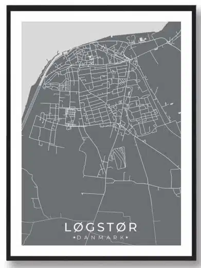 Løgstør bykort i stilrent plakat design. Denne Løgstør byplakat er med grå baggrund og viser Løgstør kortet fra sin smukkeste side