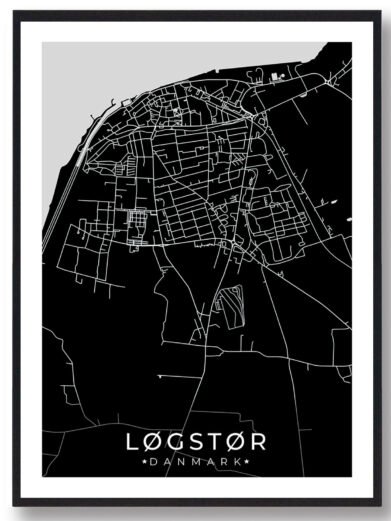 Løgstør bykort i stilrent plakat design. Denne Løgstør byplakat er med sort baggrund og viser Løgstør kortet fra sin smukkeste side