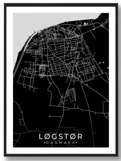 Løgstør bykort i stilrent plakat design. Denne Løgstør byplakat er med sort baggrund og viser Løgstør kortet fra sin smukkeste side
