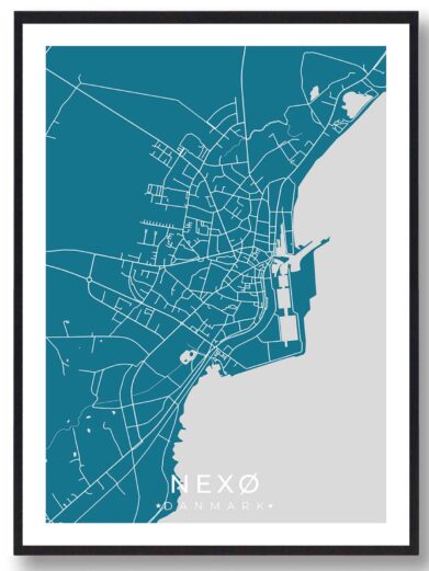 Nexø bykort i stilrent plakat design. Denne Nexø byplakat er med blå baggrund og viser Nexø kortet fra sin smukkeste side