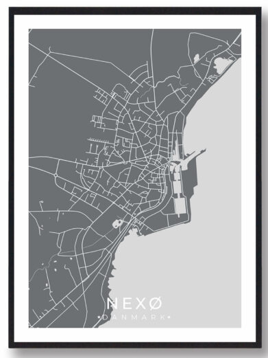 Nexø bykort i stilrent plakat design. Denne Nexø byplakat er med grå baggrund og viser Nexø kortet fra sin smukkeste side